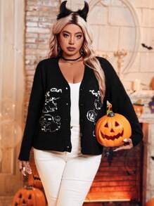 SHEIN LUNE Chaqueta de punto holgada de manga larga con estampado de letras y dibujos animados para mujer talla grande otoño/invierno