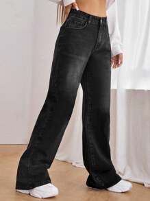 SHEIN EZwear Women Spider Print Pocketed Washed Loose Fit Wide Leg Jeans - Black - View 6