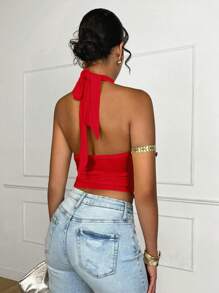 SHEIN BAE Áo mùa hè xuyên thấu cổ chữ V, áo tank top màu vàng đi biển, áo croptop mùa hè, áo tank top buộc dây cổ, áo croptop mùa hè. - Đỏ - Xem 5