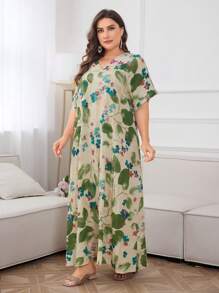 Seusyu Vestido de Verão com Manga Morcego e Estampa Floral Plus - Verde - Ver 5