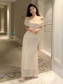 DAZY Đầm suông trễ vai màu trơn thanh lịch cho nữ, Đầm dự tiệc sinh nhật, tiệc năm mới, Đầm dự tiệc cưới cho nữ - Màu be - Xem 6