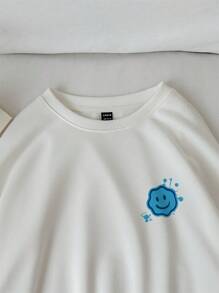 SHEIN EZwear Sudadera informal de manga larga para mujer con estampado de frase en inglés con cara sonriente, adecuada para la playa y la temporada de otoño/invierno, tops de manga larga