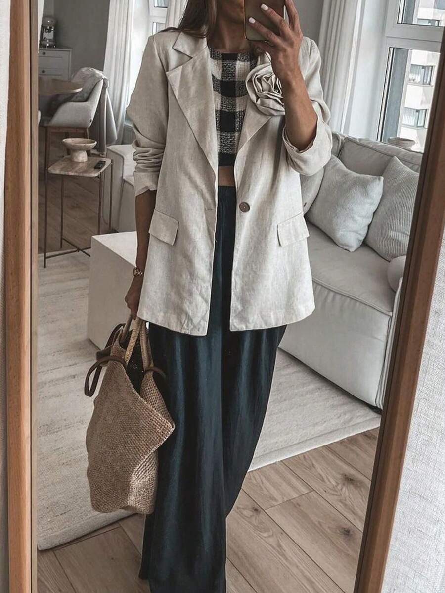 SHEIN LUNE Spring/Summer Casual 3D Flower Decoration Linen Blazer Fall Cloth For Women - Apricot - View 1