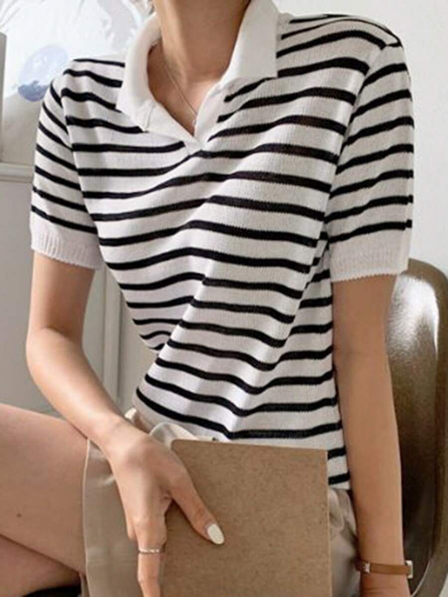 DAZY Women's Casual Colorblock Striped Short Sleeve Knit Blouse, Spring Summer - Black and White - View 1