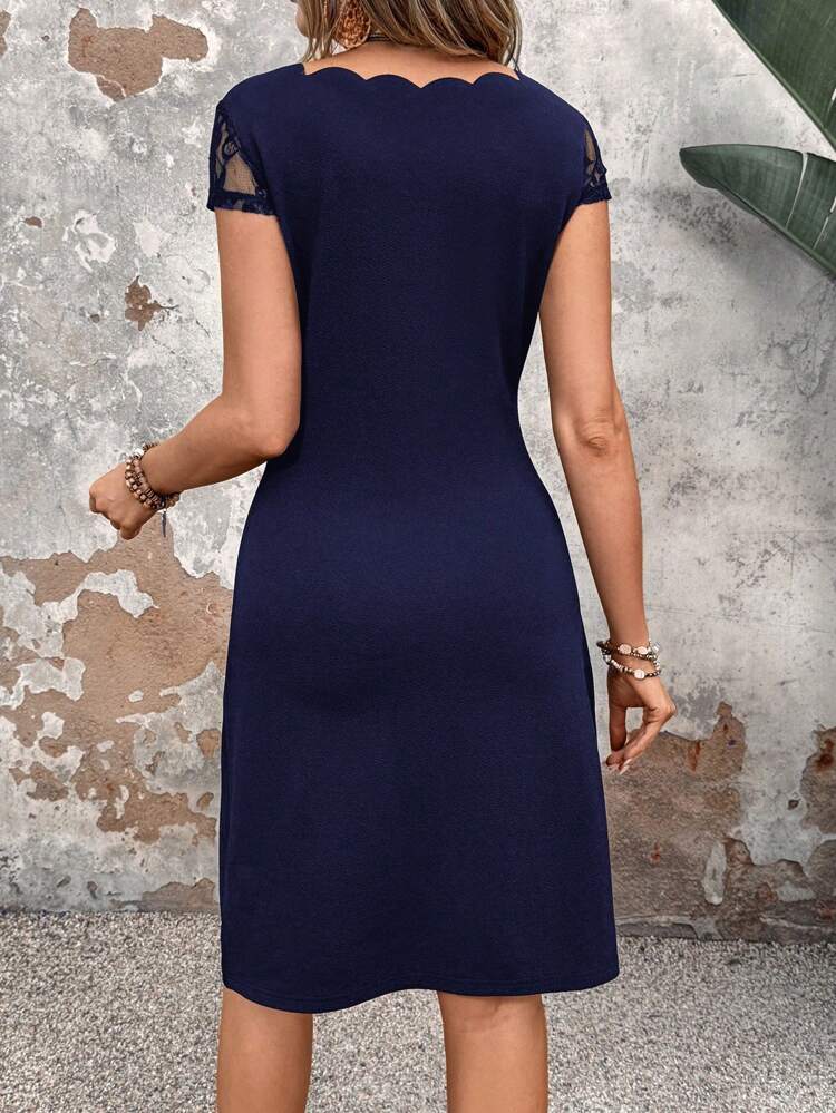 Women's Round Neck Scalloped Short Sleeve Color Block Lace Elegant & Charming Fashion Dress