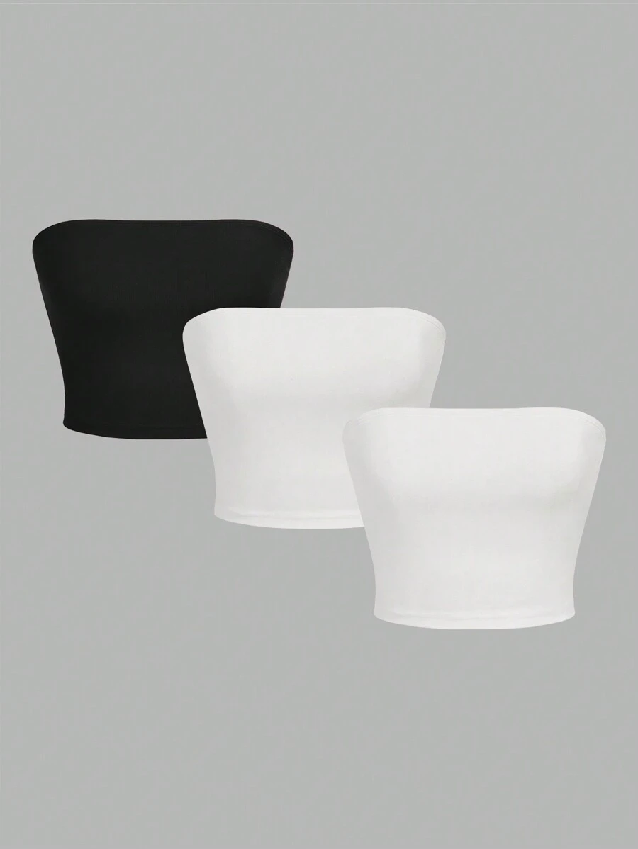 SHEIN EZwear 3 件套女士休闲无袖修身短款黑白抹胸，夏季 - 彩色 - 查看 1