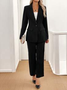 Chiquease 2 件套长袖翻领黑色西装外套和裤子女士商务套装 - 黑色 - 查看 6