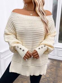 SHEIN LUNE Plus Size Women's Solid Color Asymmetrical Neck Lantern Sleeve Loose Casual Pullover Sweater For Winter Knit Pullover Fall - Apricot - View 4