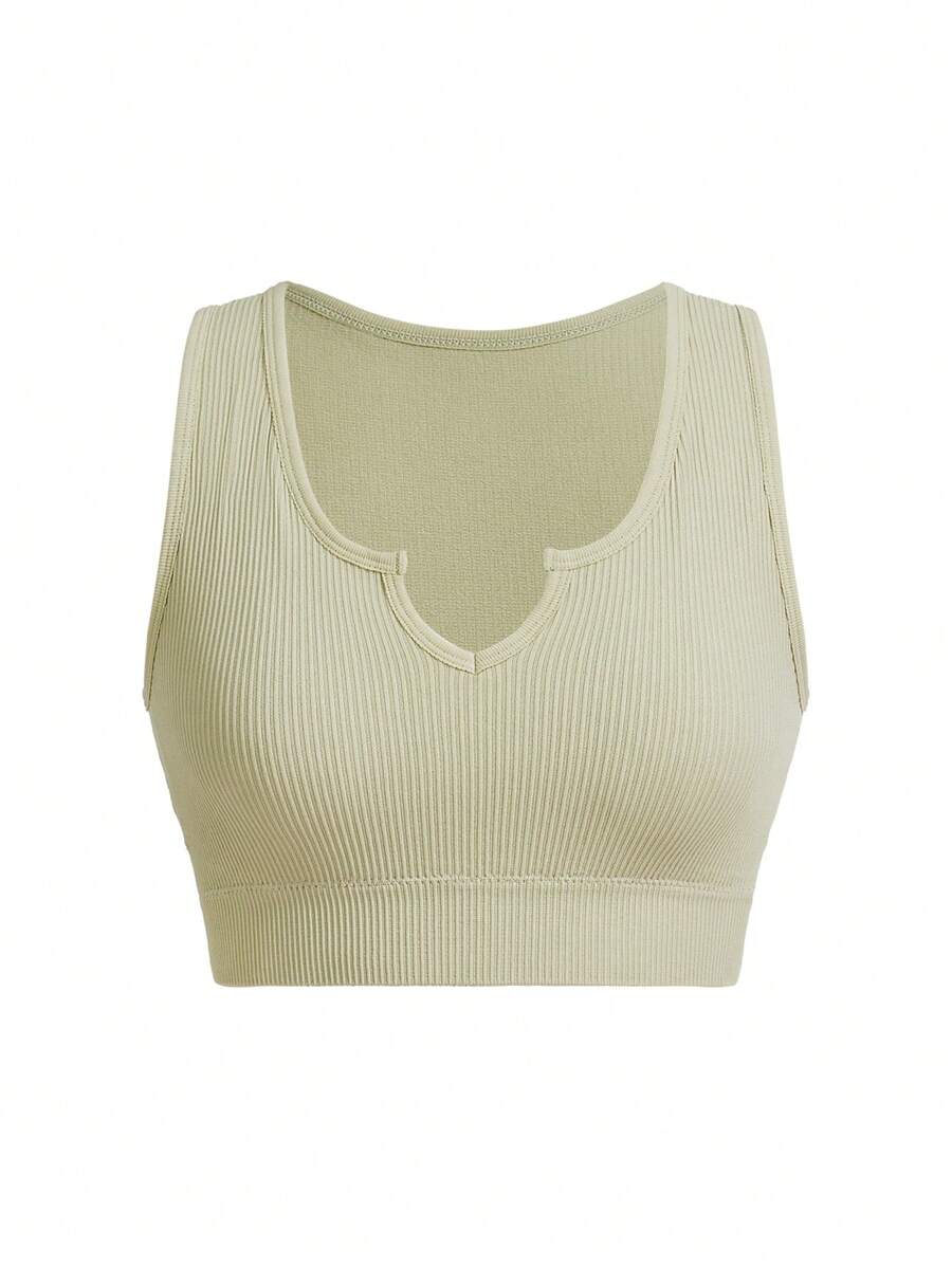 Casual Solid Color Notched Neck Seamless Cropped Tank Top, Summer