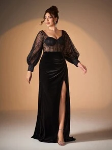 Mgiacy Plus Size Solid Sweetheart Neckline Floral Sequin Lace Drawstring Sheer Cup Velvet Patchwork High Slit Ruffle Hem Long Formal Dress (Heavy Embroidered Design), Gala/Ball Gown - Black - View 4