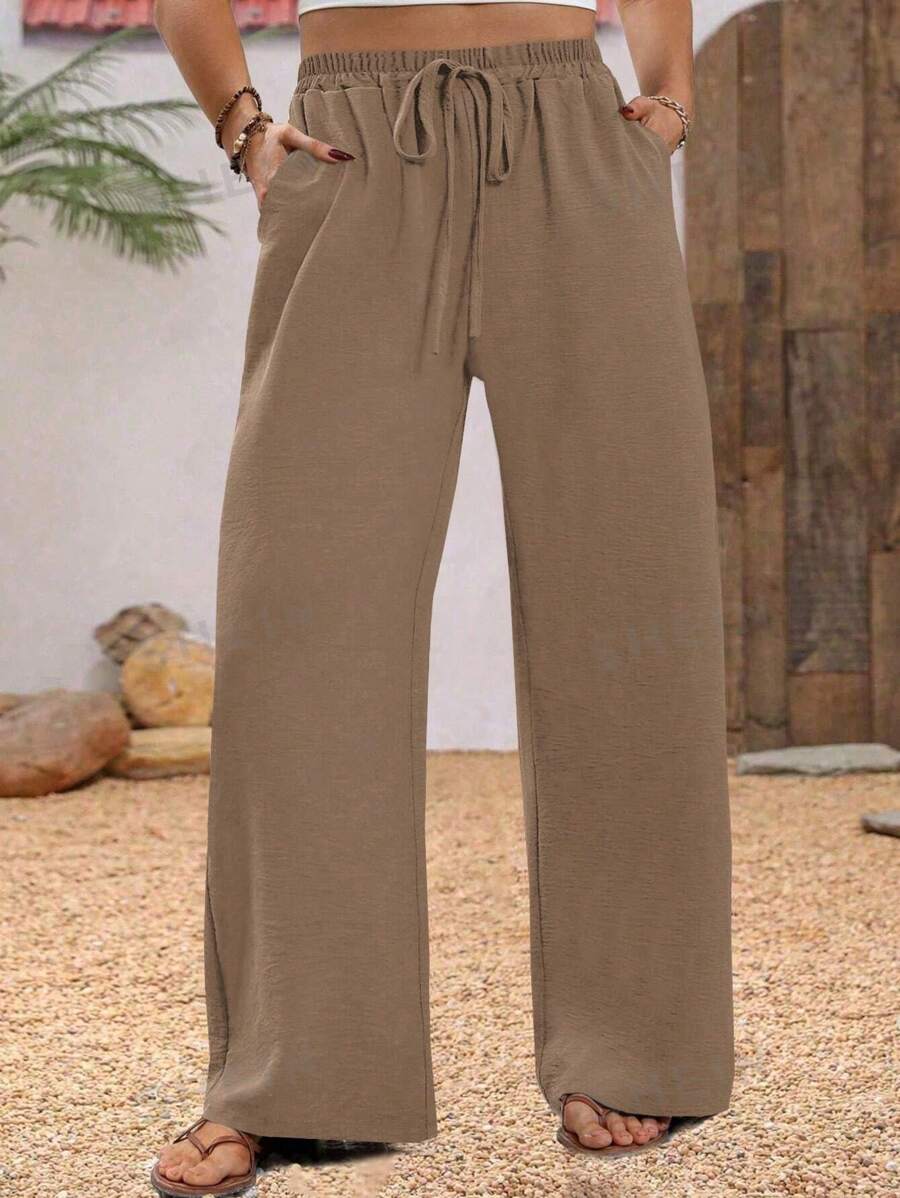 Breezaya Pantalones informales con cordón de diseño minimalista y sólido para mujer de talla grande - Marrón Mocha - Ver 1