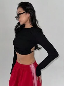 DAZY Camiseta de mujer de unicolor con espalda descubierta y lazo, top halter, volantes, ropa de otoño con mangas largas