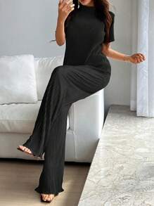 Almamuse Bộ 2 quần dài tay ngắn cổ lọ màu trơn dành cho nữ, mùa hè - màu đen - Xem 6