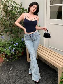 DAZY Women Simple Solid Color Casual Cami Top Tank Tops - Navy Blue - View 2