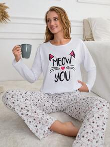 RueChic 2Pcs Cotton Cat Printes PJ Set White Set - White - View 4