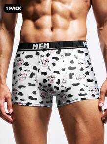 Men's Letter & Cow Print Casual Boxer Shorts - White - View 1