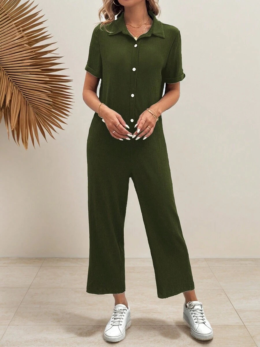 SHEIN LUNE Women's Solid Color Short Sleeve Loose Casual Jumpsuit With Front Button Design, Summer - Dark Green - View 1