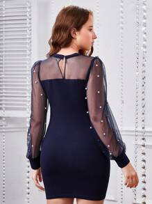 少女仿珍珠串珠撞色网眼泡泡袖连衣裙夜间外出派对连衣裙 - 藏蓝色 - 查看 2