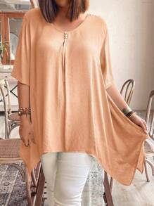 Blusa de manga corta, cuello redondo, sencilla y casual de unicolor para mujer talla grande