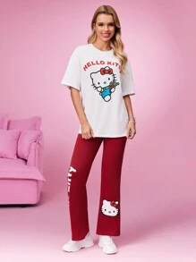 HELLO KITTY AND FRIENDS | SHEIN Summer White T-Shirt & Red Bottoming Flared Pants Set, Basic And Cute, Cartoon Pattern, Bow Element - Burgundy - View 5