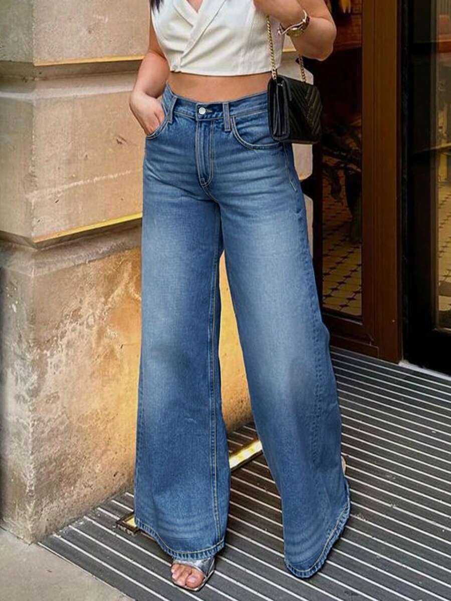 復古長款寬鬆直筒寬腿牛仔褲女裝 - 中等水洗藍 - 查看 1