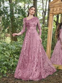 Faeriesty Váy dạ hội dự tiệc cưới sang trọng, cổ chéo sequin, tay áo 3/4, váy dự tiệc, tốt nghiệp, tiệc tối - Bụi hồng - Xem 6