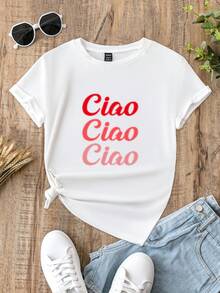 SHEIN Essnce Ciao T 恤，Ciao 衬衫，Ciao 意大利衬衫，Ciao 女士或中性时尚 T 恤，休闲简约“CIAO”图案圆领短袖女士 T 恤，适合夏季 - 白色 - 查看 3