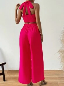 Chiquease Women's Solid Color Halter Top And Wide Leg Pants Set - Hot Pink - View 2