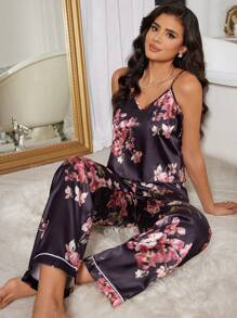 花卉印花仿丝吊带上衣和裤子睡衣套装