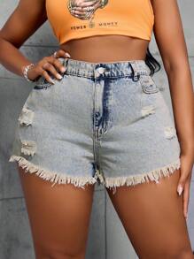 SHEIN SXY Plus size hoog getailleerde A-lijn noodlijdende denim shorts met gerafelde zoom