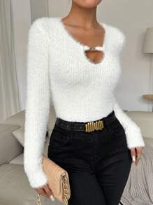 EMERY ROSE Minimalistyczny sweter damski w jednolitym kolorze z okrągłym dekoltem, bluzki z długim rękawem, dzianinowy sweter na jesień i zimę - Beżowy - Zobacz 3