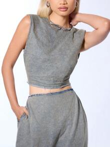 MUSERA Top corto de verano lindo de los 90 sin mangas con pliegues laterales en denim