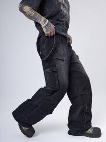 Manfinity Roghcode Quần Jeans Ống Rộng Baggy Jeans Cargo Đen Retro Streetwear Cho Nam, Dành Cho Chồng, Quà Tặng Bạn Trai - màu đen - Xem 3
