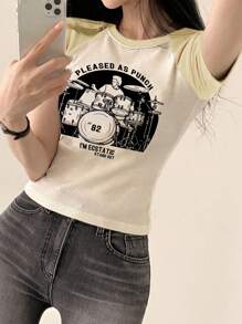 DAZY 女式休闲字母与图案印花插肩袖紧身 T 恤，夏季