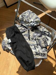 SHEIN 2 piezas Conjunto de chaqueta con capucha y pantalón de chándal con estampado de letras y camuflaje de color contrastante para niño bebé, casual y deportivo, primavera otoño invierno - Multicolor - Ver 7