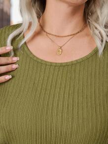 2pcs Plus Size Women's Solid Color Minimalist Everyday Round Neck Long Sleeve Top And Pants Set - Green - View 4