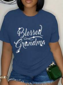 INAWLY Camiseta gráfica de manga corta para mujer con estampado de letras inglesas y adorno de rhinestones, top casual - Azul Marino - Ver 1