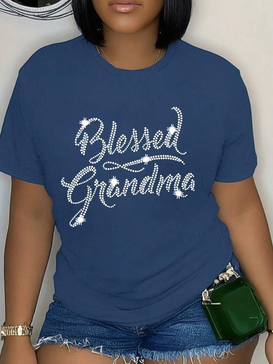 INAWLY Camiseta gráfica de manga corta para mujer con estampado de letras inglesas y adorno de rhinestones, top casual - Azul Marino - Ver 1