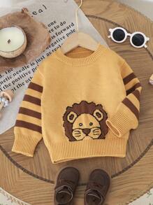 Baby Boy 1pc Striped Pullover Sweater With Jacquard Lion Pattern, Long Sleeve Casual Knitwear - Yellow - View 1