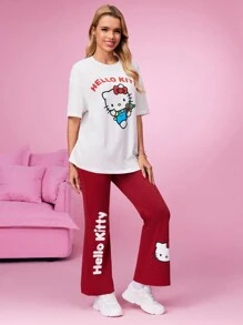HELLO KITTY AND FRIENDS | SHEIN Summer White T-Shirt & Red Bottoming Flared Pants Set, Basic And Cute, Cartoon Pattern, Bow Element - Burgundy - View 6