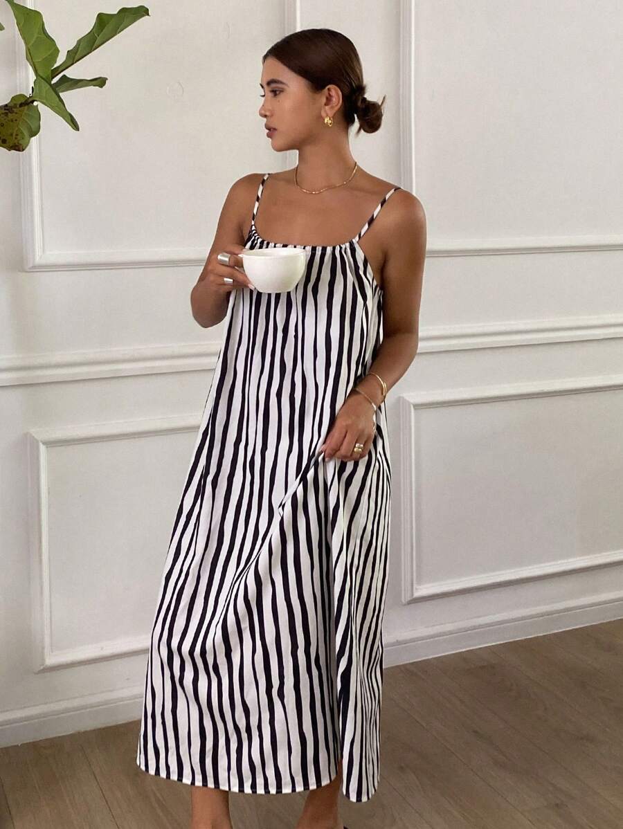 Livesso Women's Spaghetti Strap Backless Striped Casual Elegant Charming Dress Sundress - Black - View 1