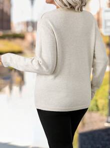 Plus Size Women's Solid Color V-Neck Long Sleeve Casual Pullover Sweater, Autumn Winter Knit Pullover Fall - Apricot - View 2