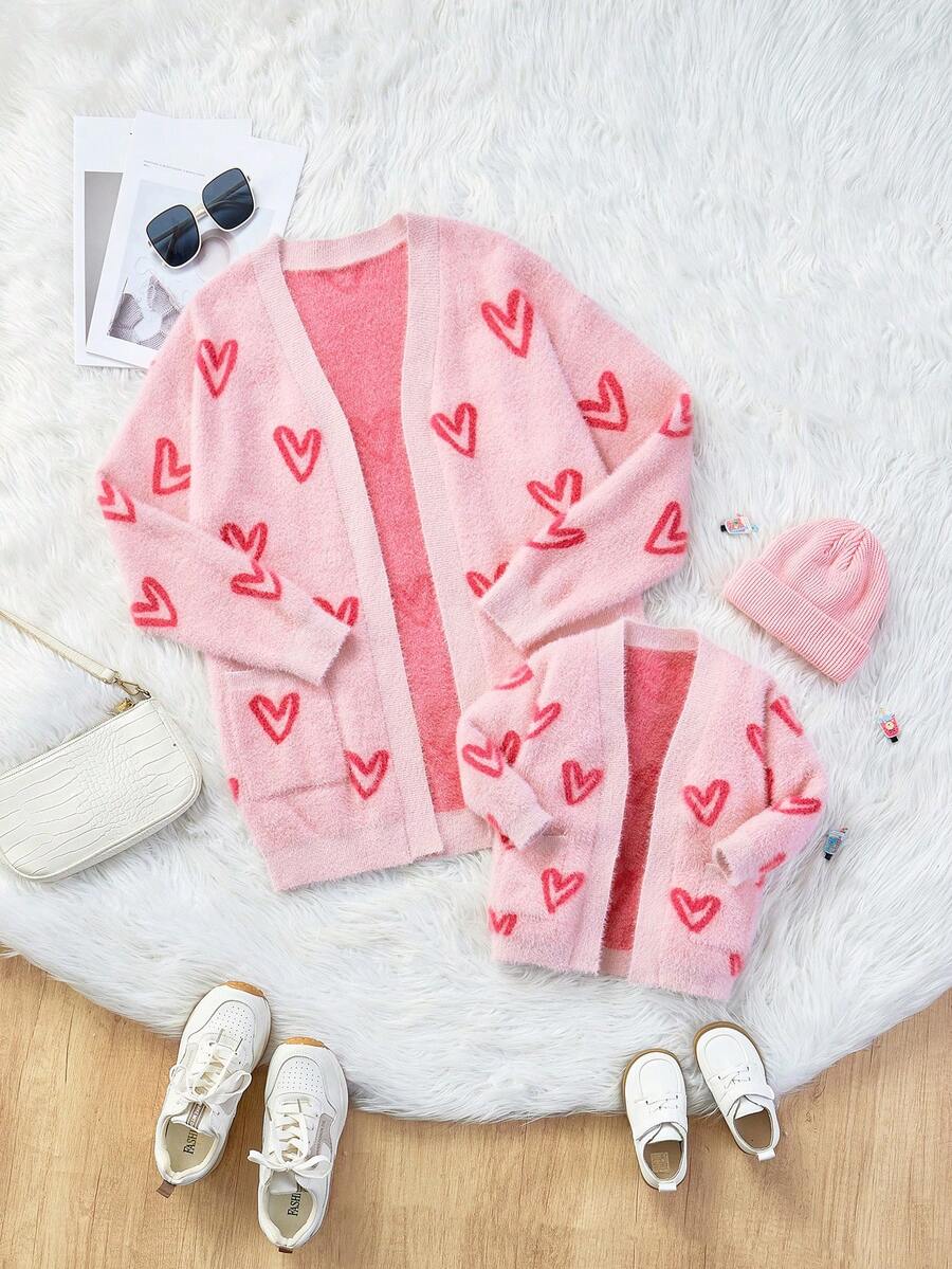 SHEIN Baby Girl Warm Fluffy Heart Pattern Cardigan, Autumn/Winter - Brown - View 1