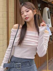 DAZY Áo thun nữ hở vai tay dài ôm sát - Hồng - Xem 3