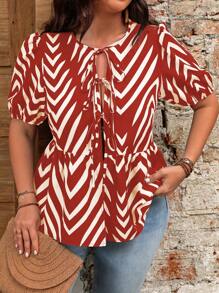 Flirla Áo sơ mi tay phồng in hình xương cá Plus Size Holiday Colorblock - Đỏ - Xem 3