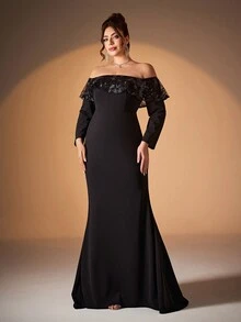 Plus Size Mgiacy Off-Shoulder Long Sleeve Ruffled Sequin Embroidered Lace Patchwork Mermaid Dress, Formal Evening Prom Gown, For Wedding Guest, Graduation, Dinner