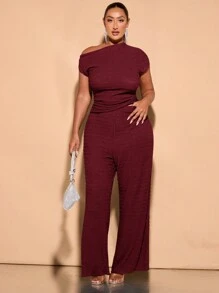 SHEIN BAE Plus Size Summer Daily Outing Sexy Asymmetrical Slanted Shoulder Black All-Over Texture Stretch T-Shirt Top - Burgundy - View 5