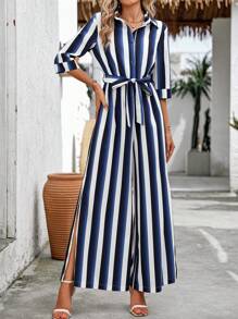 SHEIN Clasi Mono de rayas y estampado sencillo diario para mujer - Azul y blanco - Ver 4
