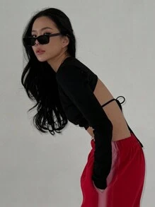 DAZY Camiseta de mujer de unicolor con espalda descubierta y lazo, top halter, volantes, ropa de otoño con mangas largas