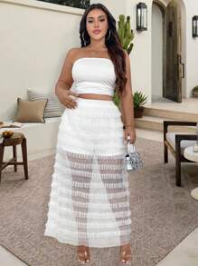 SHEIN Clasi Plus Solid Tube Top & Frill Trim Sequin Mesh Skirt For Summer - White - View 5
